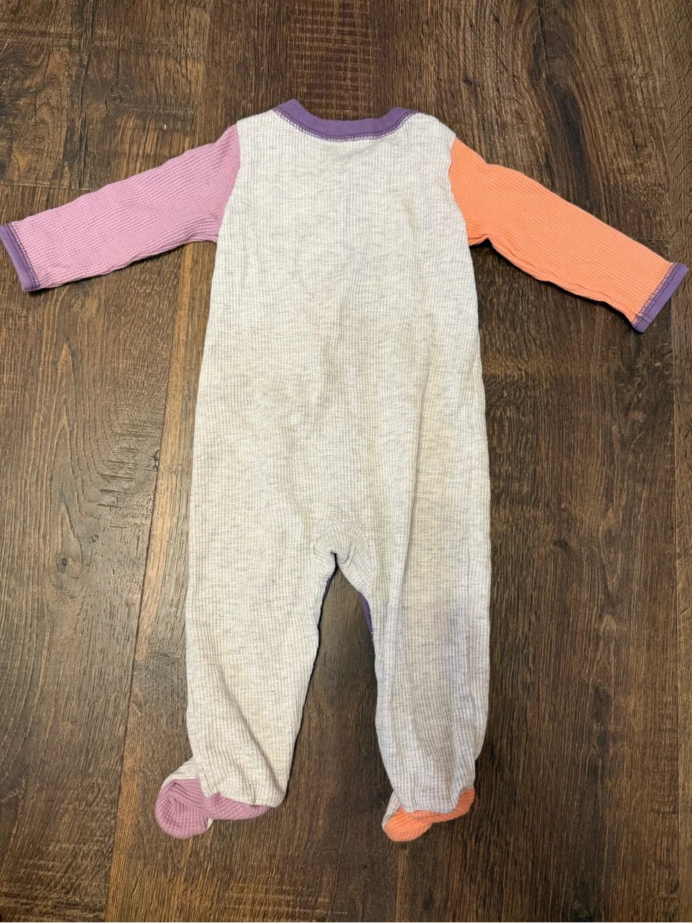Carter's Neutral Waffle Knit Footed One-Piece with Purple Trim and Orange Sleeve